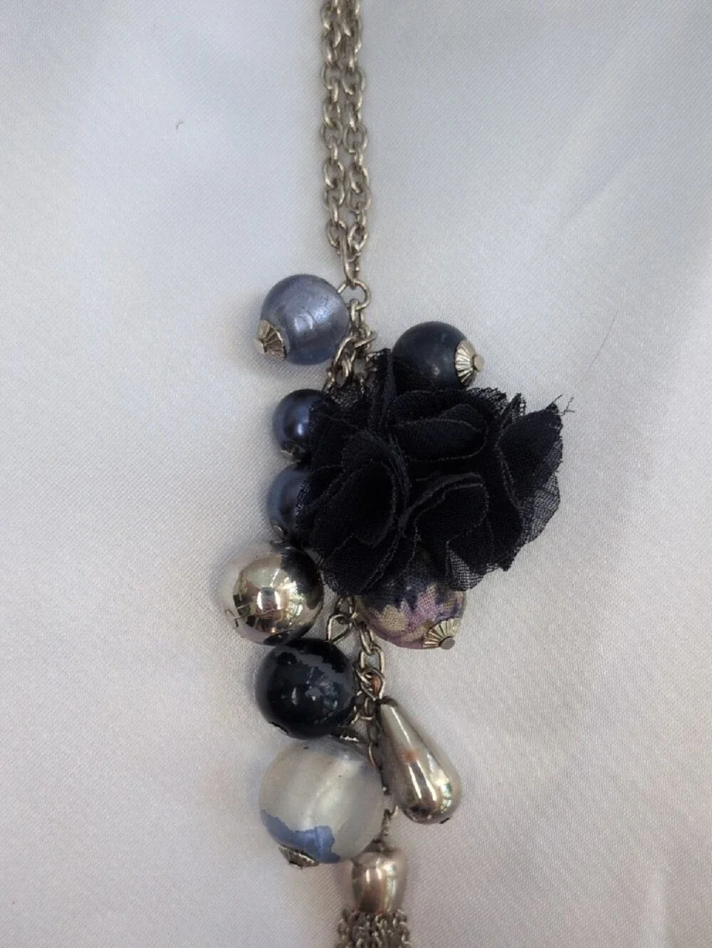 Long Boho Mixed-Media Fabric Rosette & Bead Tassel Necklace_5